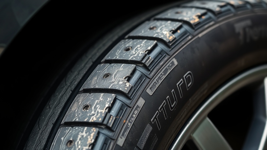 타이어 옆면에 미세한 균열이 발생하여 노후화된 타이어의 모습