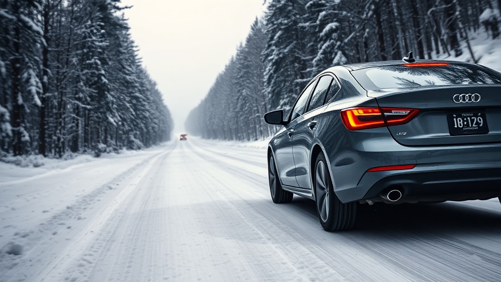 겨울철 눈이 쌓인 미끄러운 노면에서 제동 거리를 테스트하며 정지하는 자동차의 측면 모습